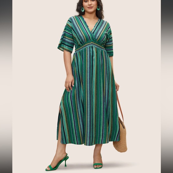 Bloomchic Striped Contrast Dolman Sleeve Shirred Pocket Split Flutter Dress - Picture 1 of 3